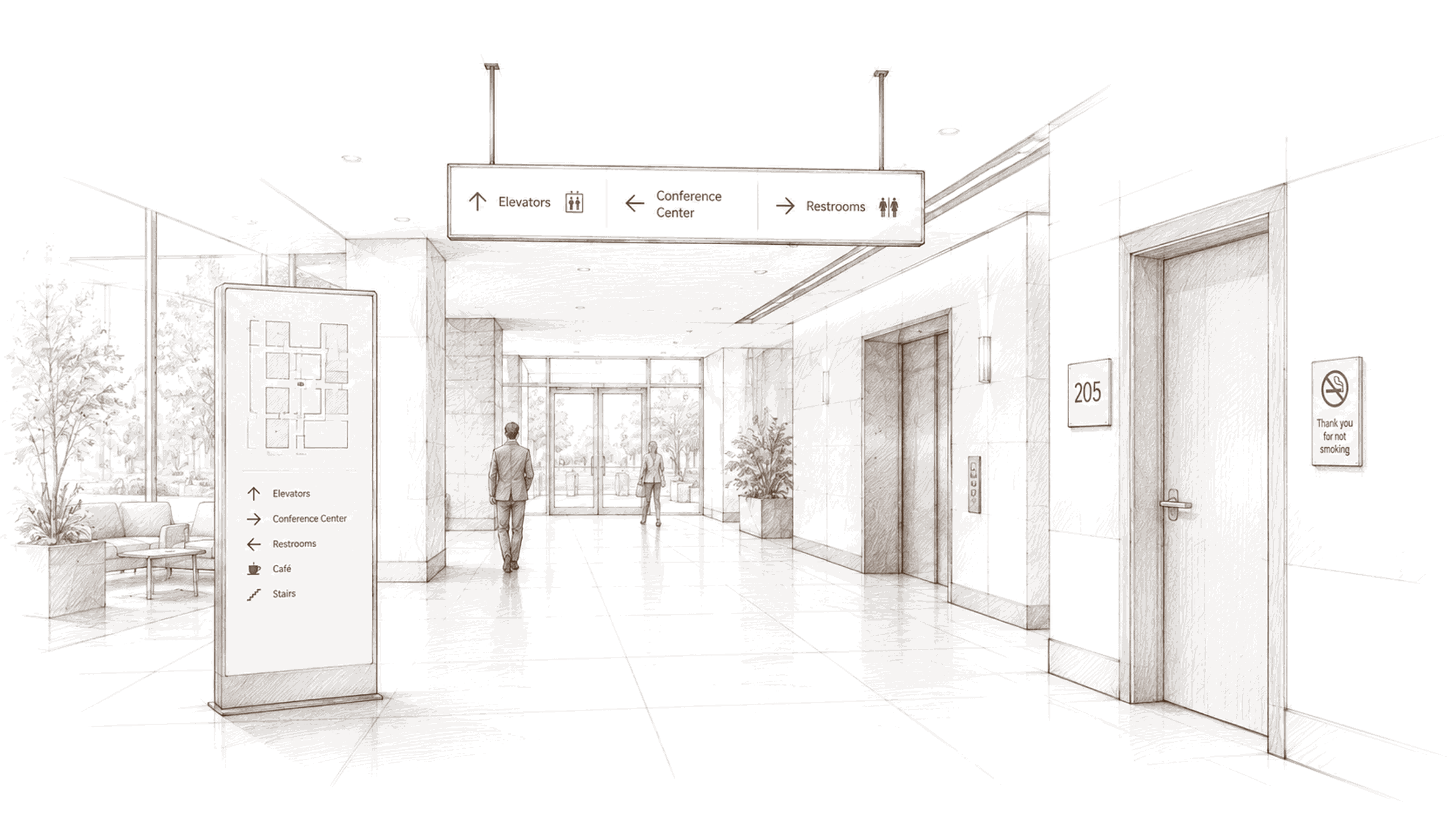 Wayfinding sketch: a building lobby with a hanging directional sign, a freestanding directory, elevators, and a tactile room-number sign by a door